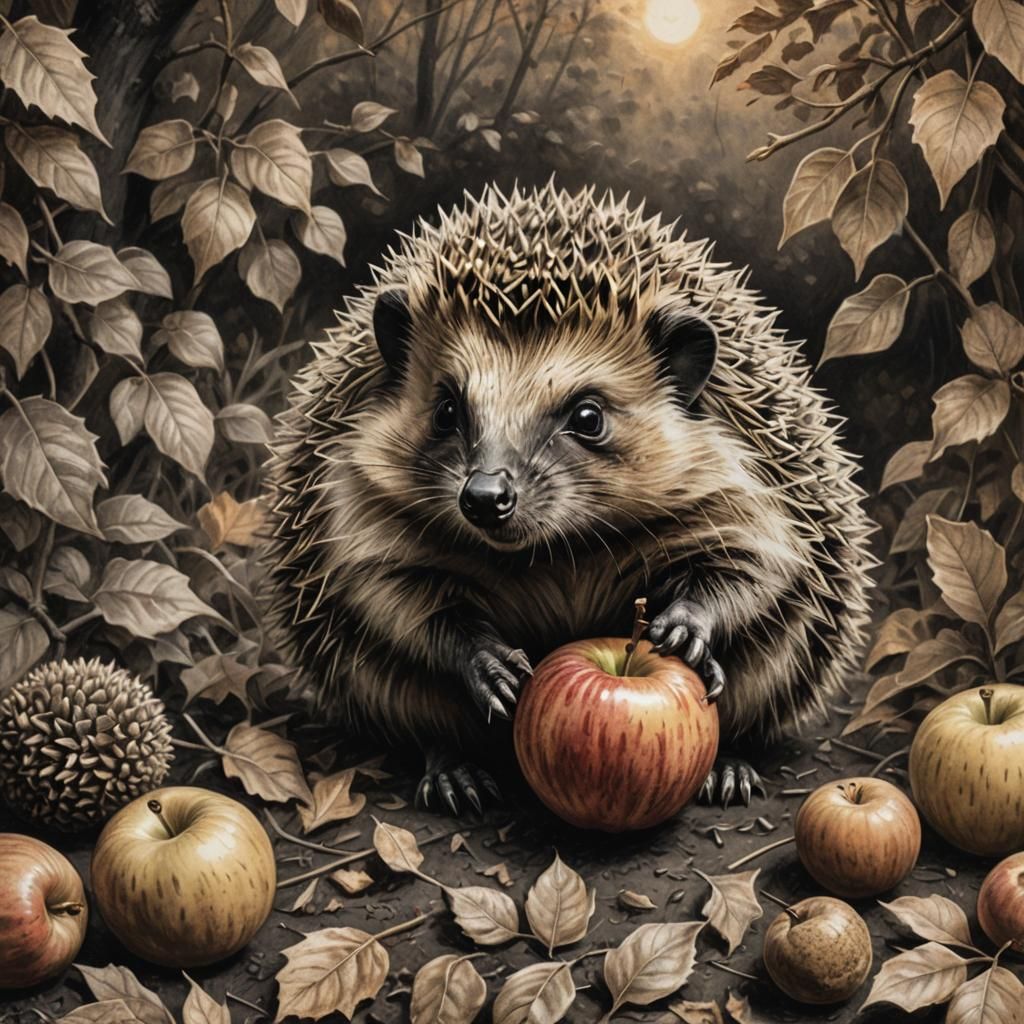 Hedgehog with Apple: Charcoal Drawing in Autumn