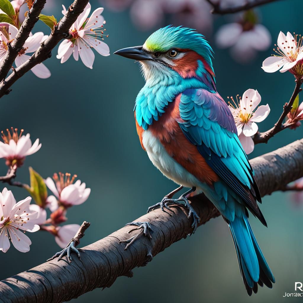 Lilac Roller Bird on Cherry Blossom Branch