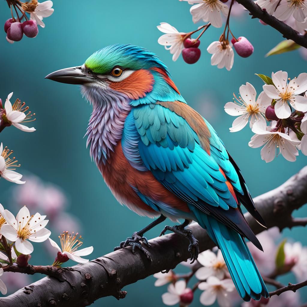 Lilac Roller Bird on Cherry Blossom Branch