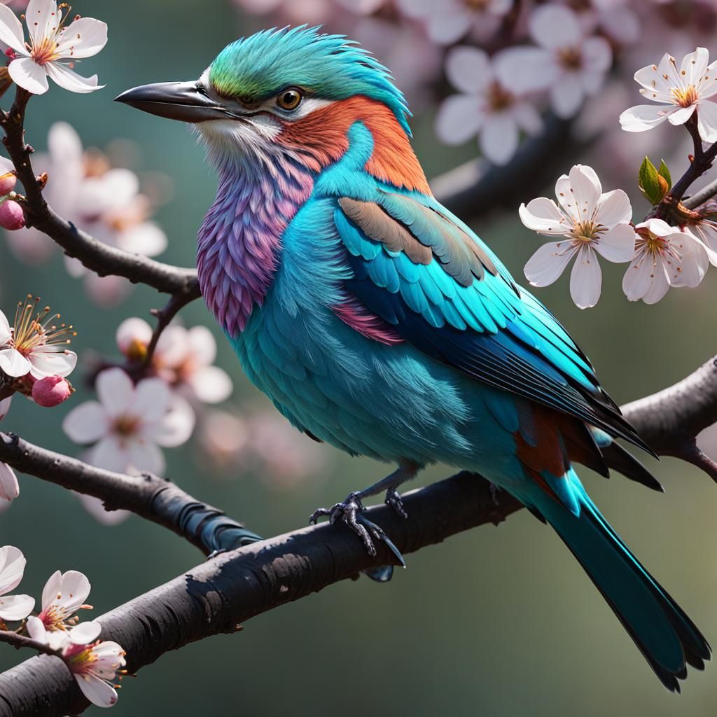 Lilac Roller Bird on Cherry Branch, Hyperdetailed Art