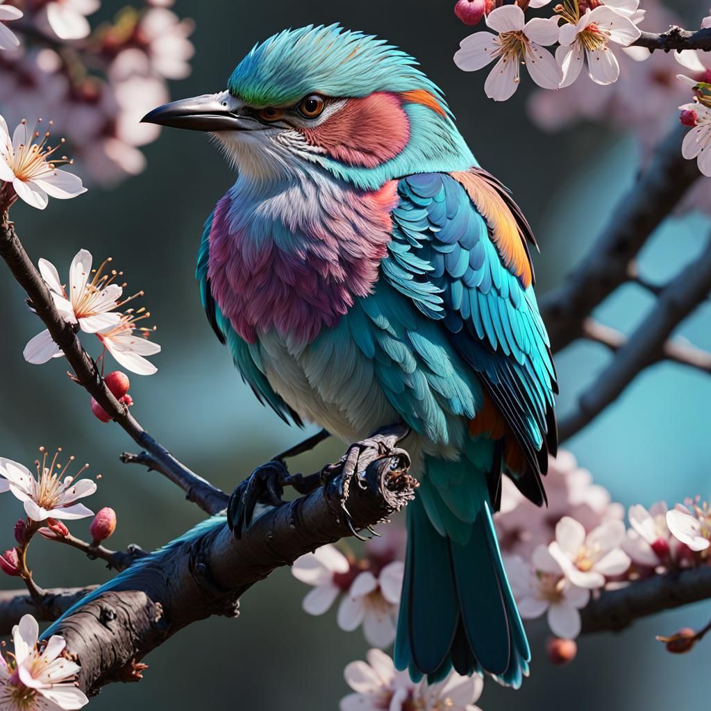 Lilac Roller Bird on Cherry Branch Art