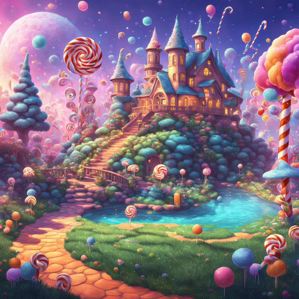 Vibrant Witch in Whimsical Candyland Landscape