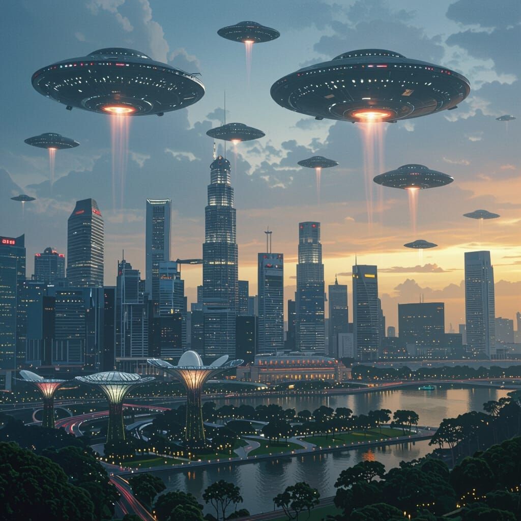 Singapore Under Alien Attack: Futuristic Dystopian Cityscape