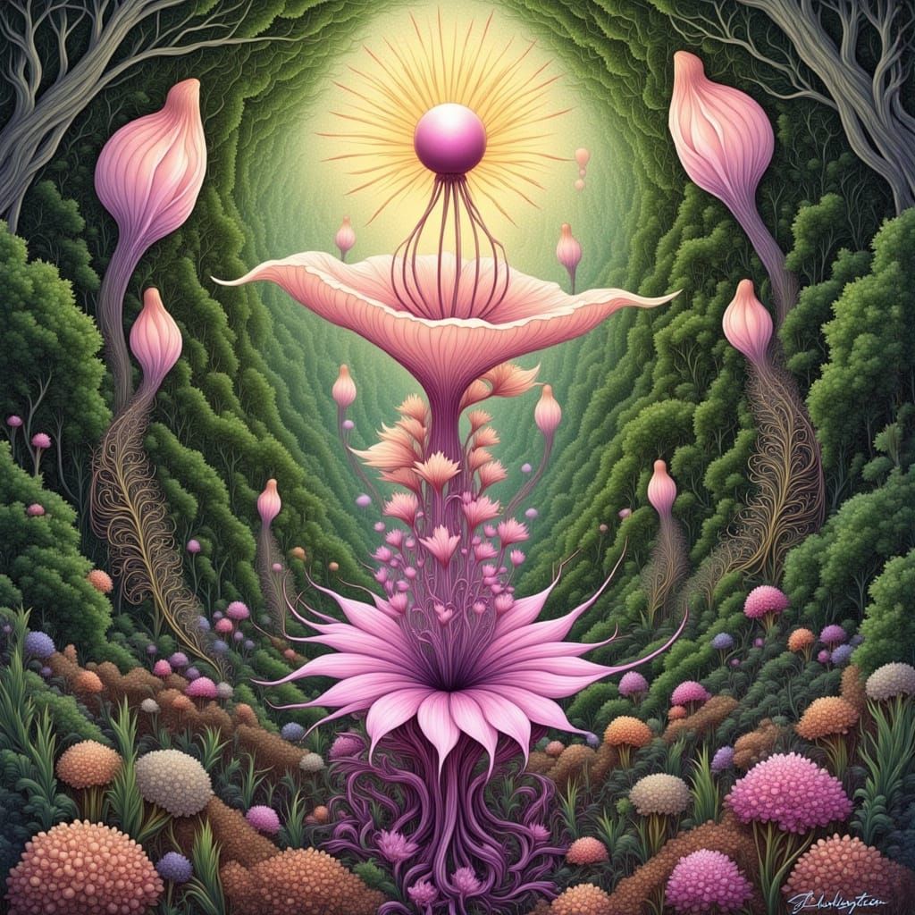 <lora:Flowing Root Lines:1.0> Ethereal, dreamlike scene of a delicate aubergine-colored botanical form unfolding in a lu...