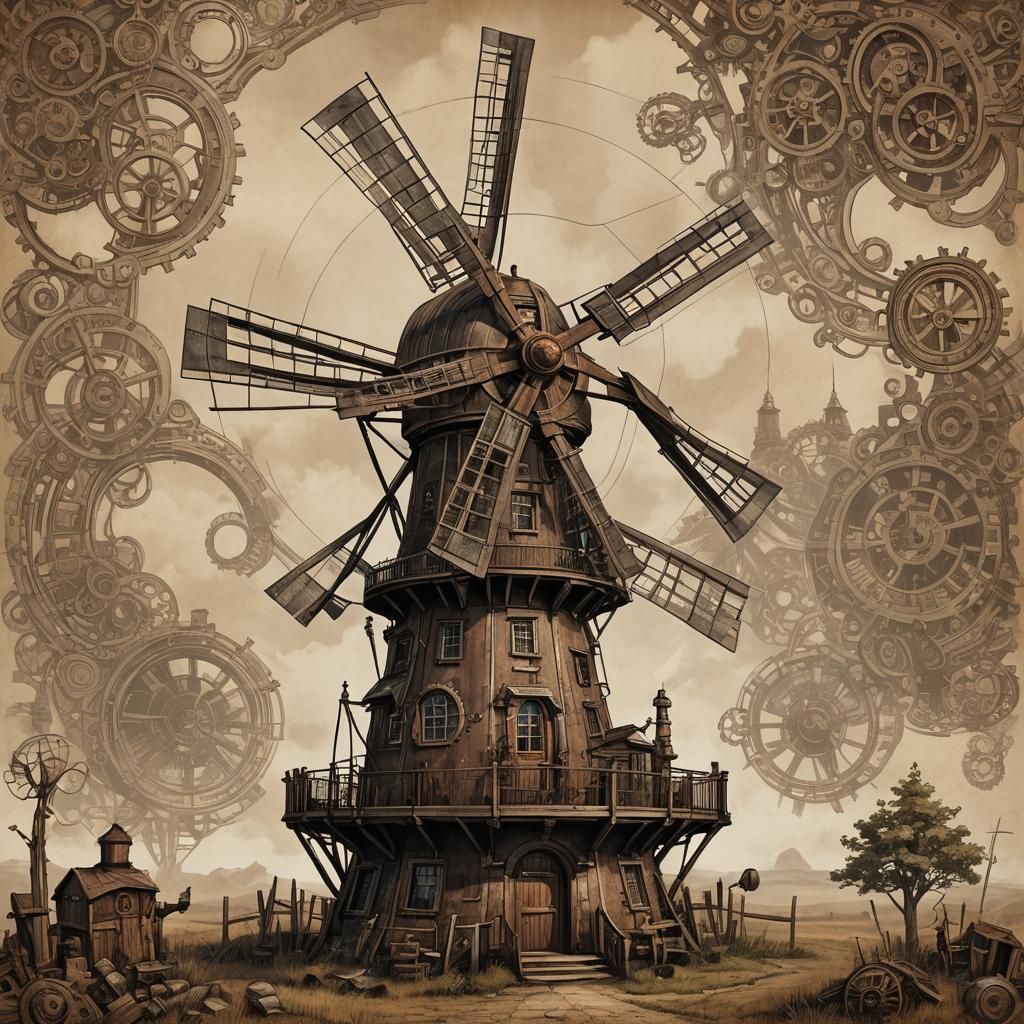 Steampunk Windmill Farm: A Fusion of Eras