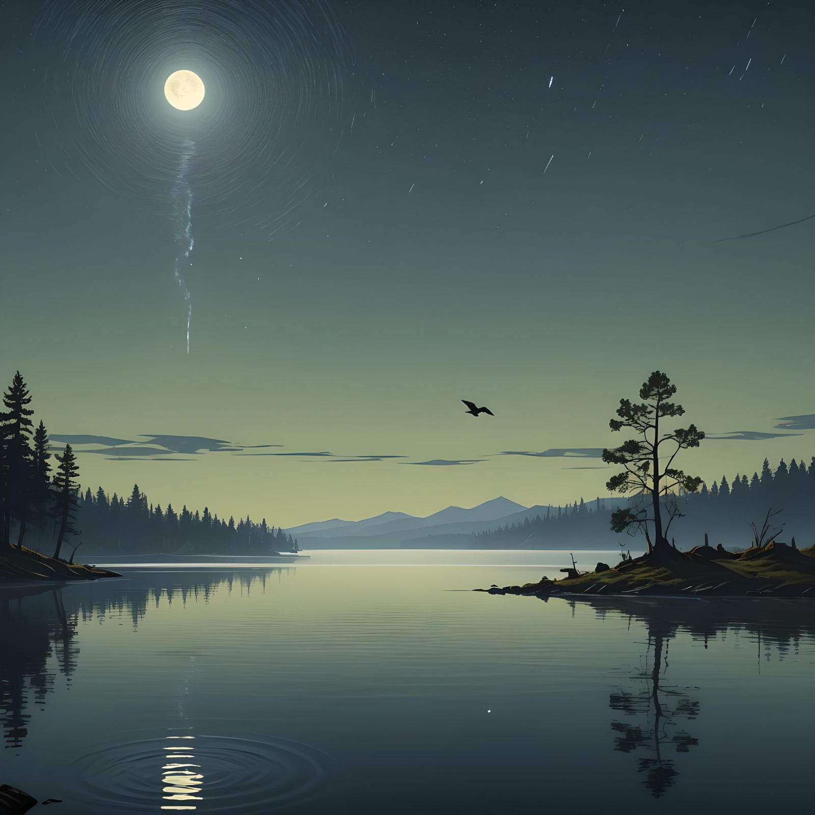 Night Lake with Star and Bird Shadow