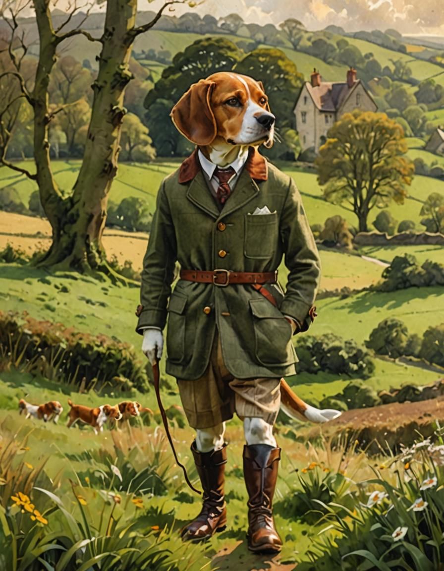 Beagle in Hunting Suit, English Countryside Watercolor