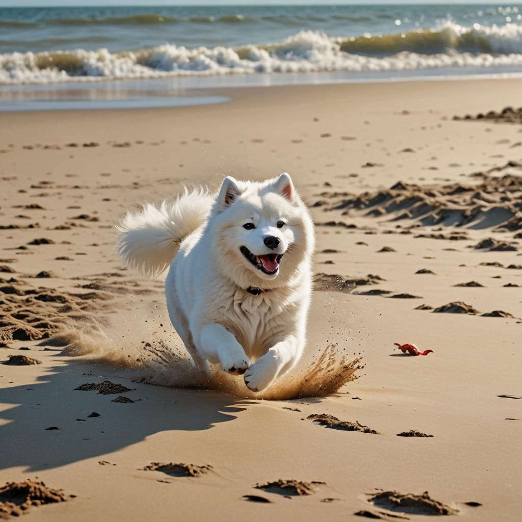 Playful Cartoon Samoyed Dog Running on Beach in 4K