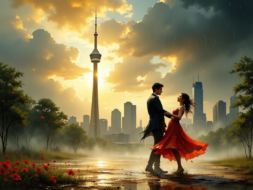Couple Dancing in Toronto Rain, Oil Painting