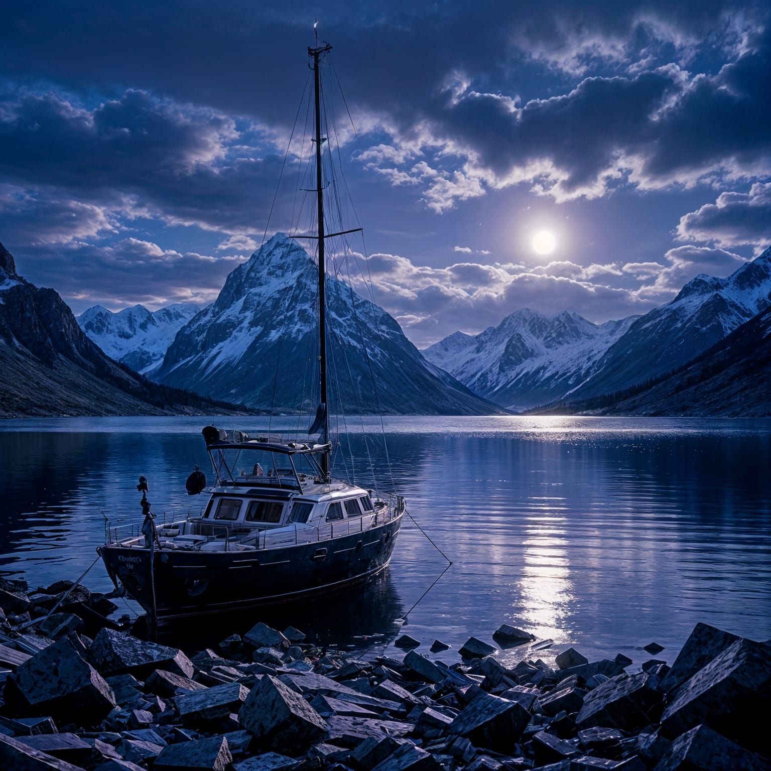 Mountains with Wrecked Yacht in Cinematic Lighting