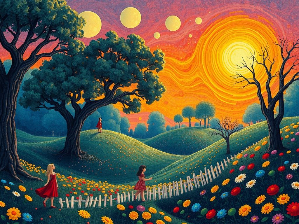 Pointillist Summer Landscape with Whimsical Figures