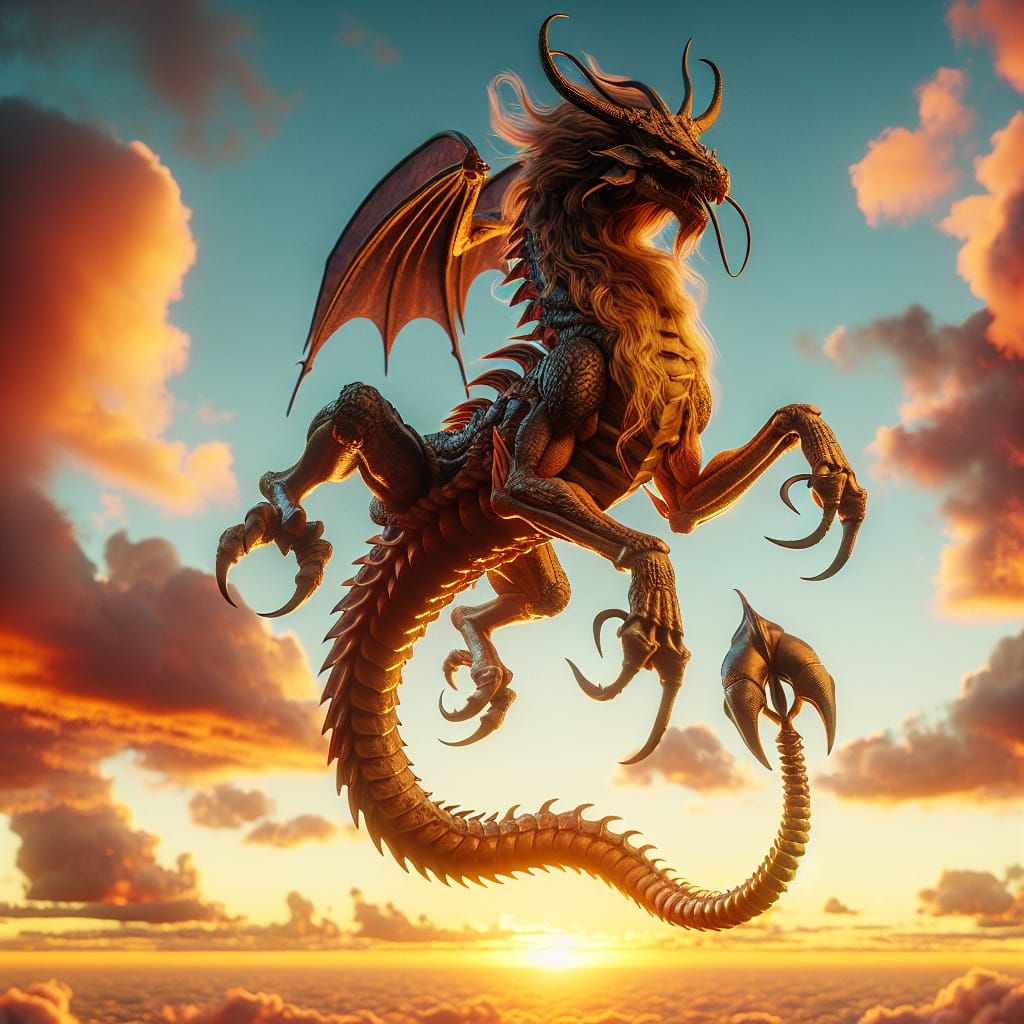 Dragon-Scorpion Chimera Soaring at Sunset: Digital Illustrat...