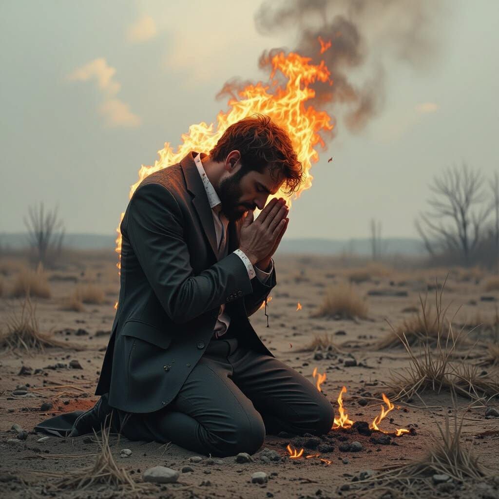 Man on Fire Praying in Dark Surrealist Style