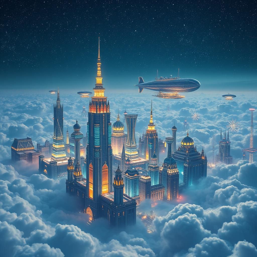 Iridescent Metropolis Above Clouds in Futuristic Style
