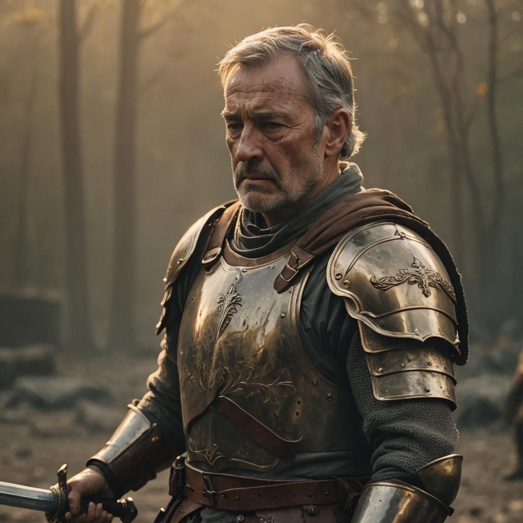 Worried War Veteran Gripping Sword in Cinematic Lighting