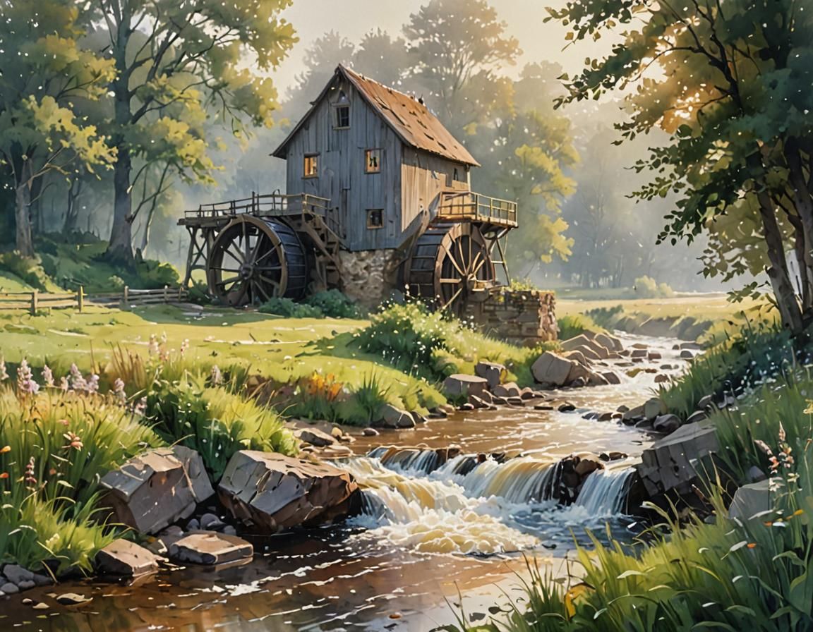 Water Mill in Foggy Meadow: Watercolor Painting