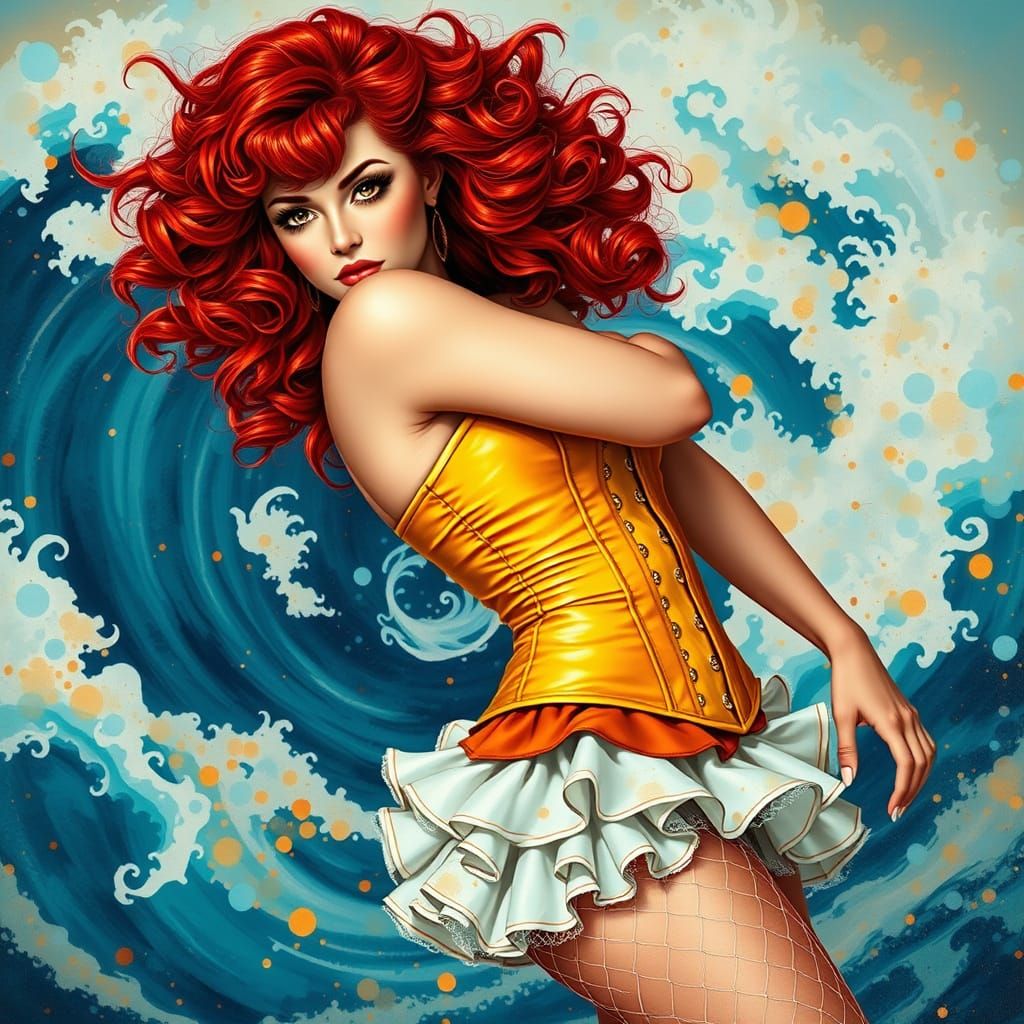 Seductive Pinup Goddess Rides Tidal Wave
