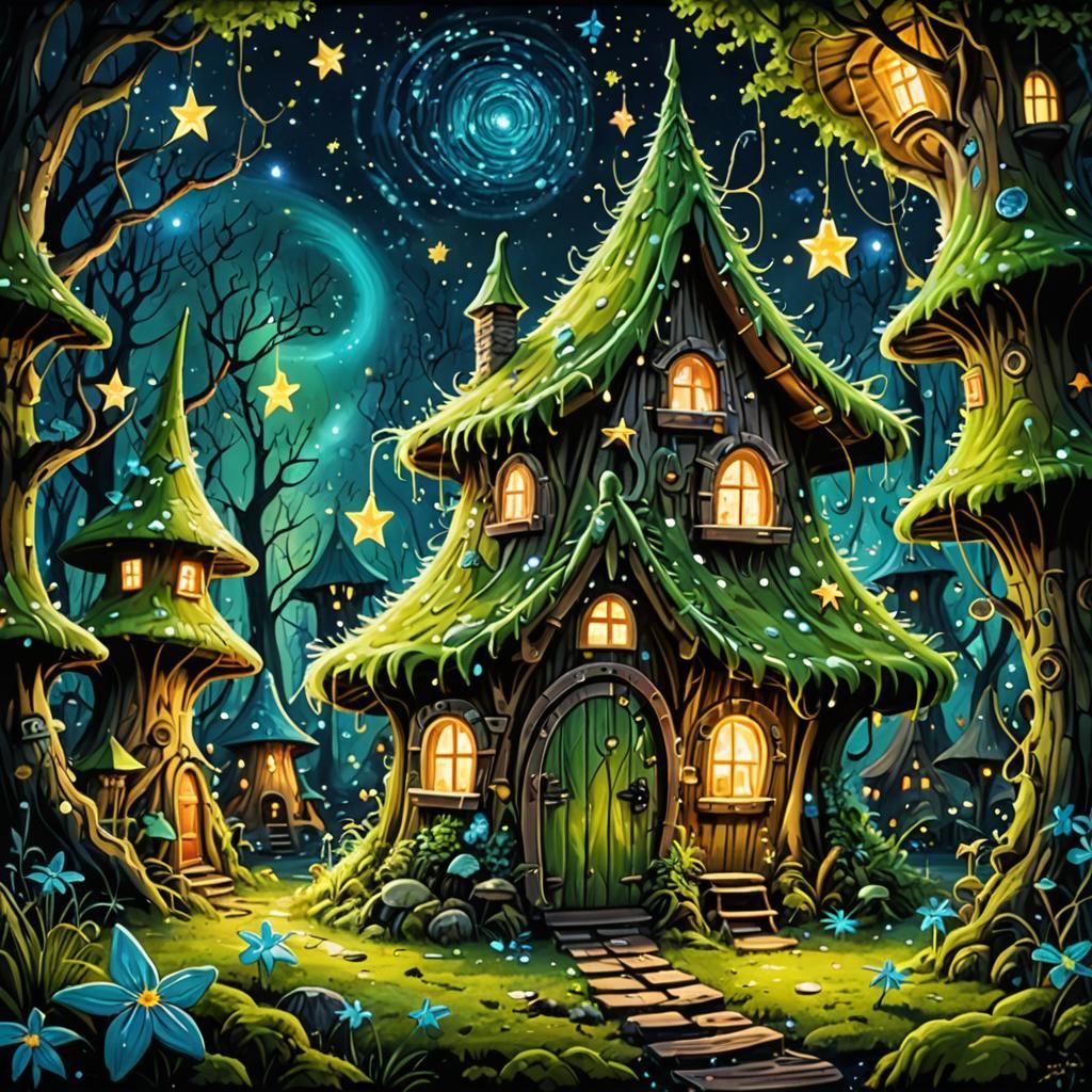 Whimsical Fairy Wonderland, mossy, lots and lots of sparkling stars, glowing intricate fairy huts, stages and stages of ...