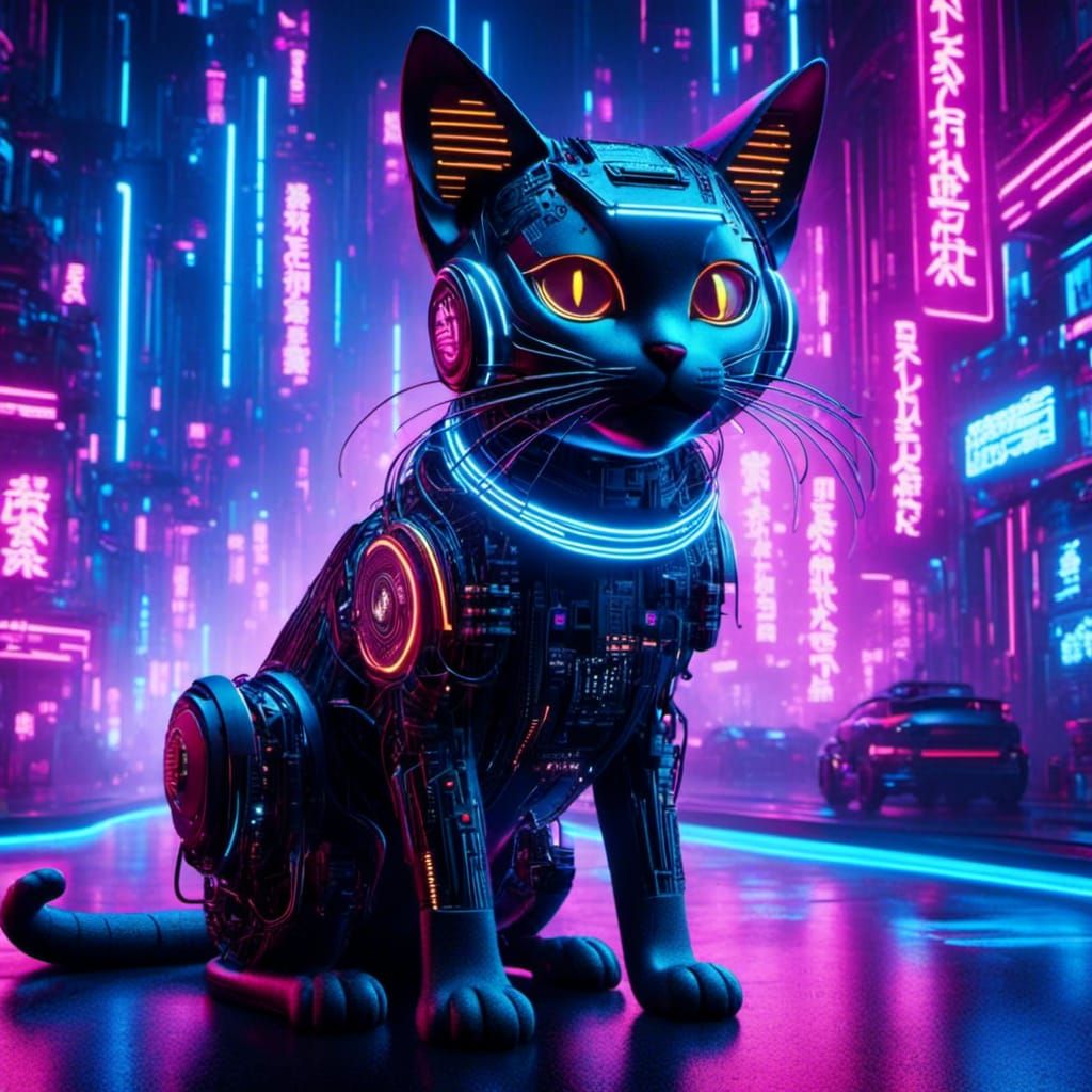 Cyberpunk Cat in Virtual Reality Motherboard