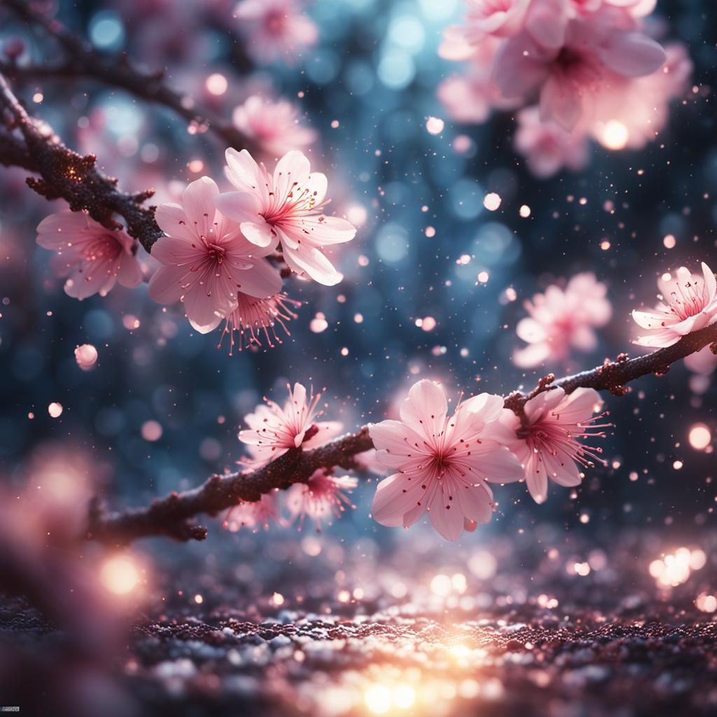 Sakura Flower Close-Up, Fantasy Illustration with Magic