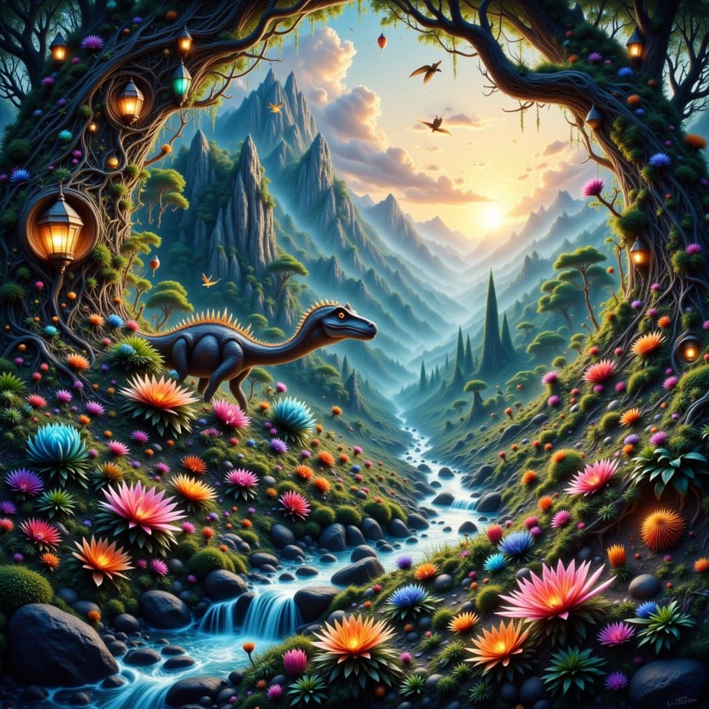 Jurassic Jungle Alive with Exotic Flora and Dinosaurs