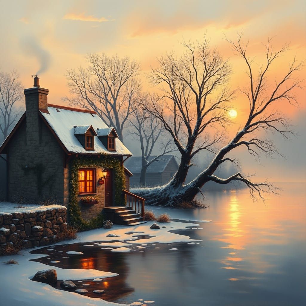 Rustic Riverbank House Basks in Winter Sunset Serenity