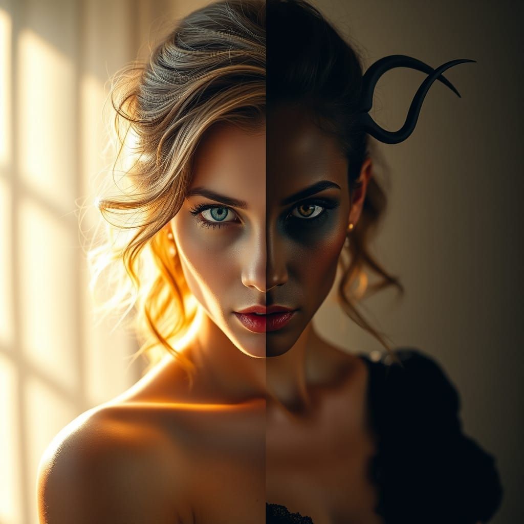 Angel Demon Hybrid Woman Contemplates Moral Dilemma in Drama...