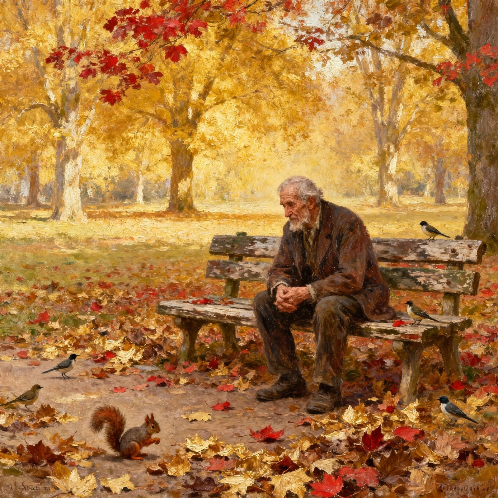 Elderly Man Contemplates Park Bench Amidst Autumn Splendor