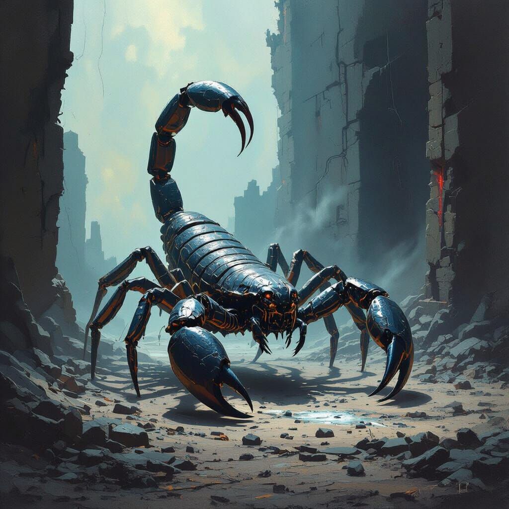 Giant Scorpion Guards Sorcerous Altar in Cyberpunk Wasteland