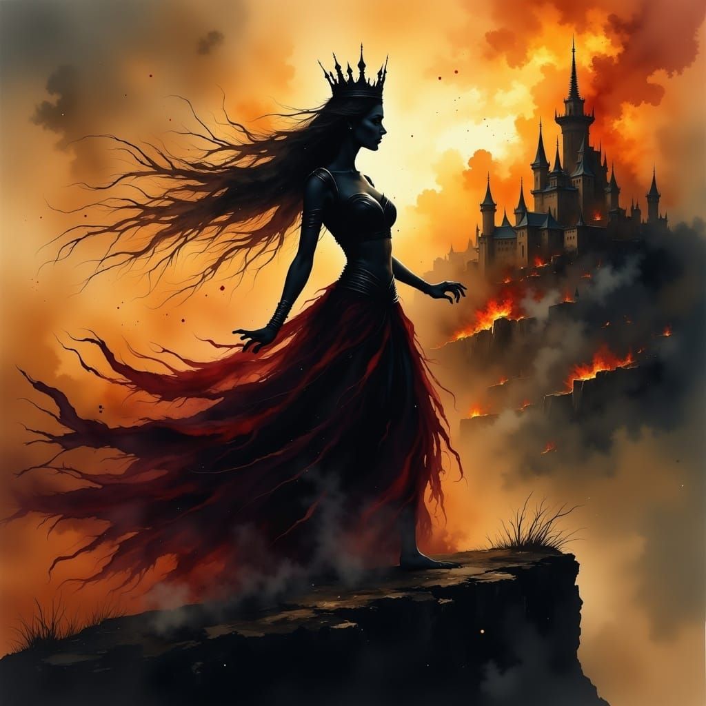 Regal Silhouette Amidst Burning Castle