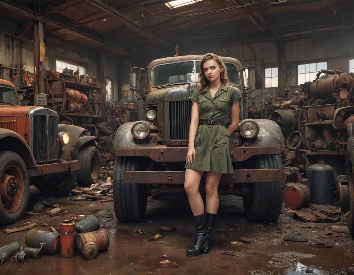 Dieselpunk Girl in Grimdark Industrial Workshop