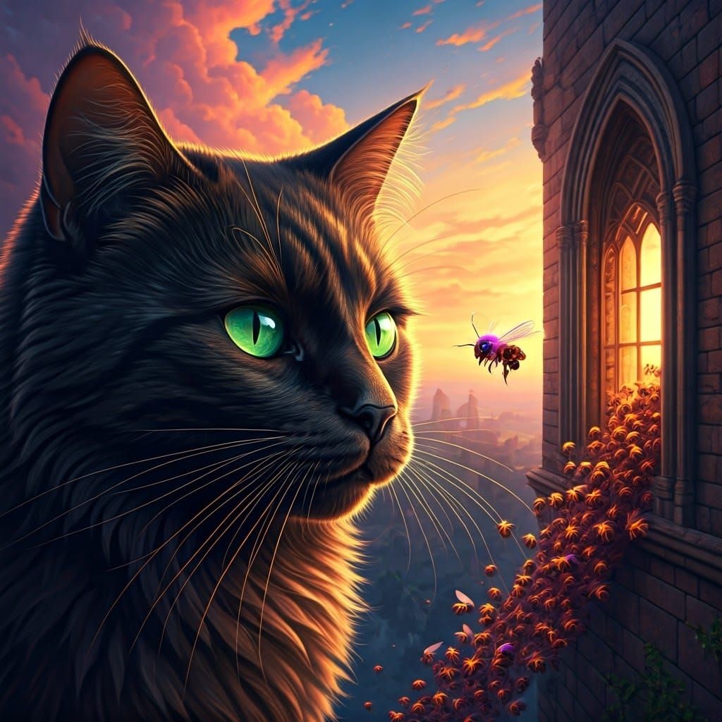 Mystical Feline Encounter with Magical Bees