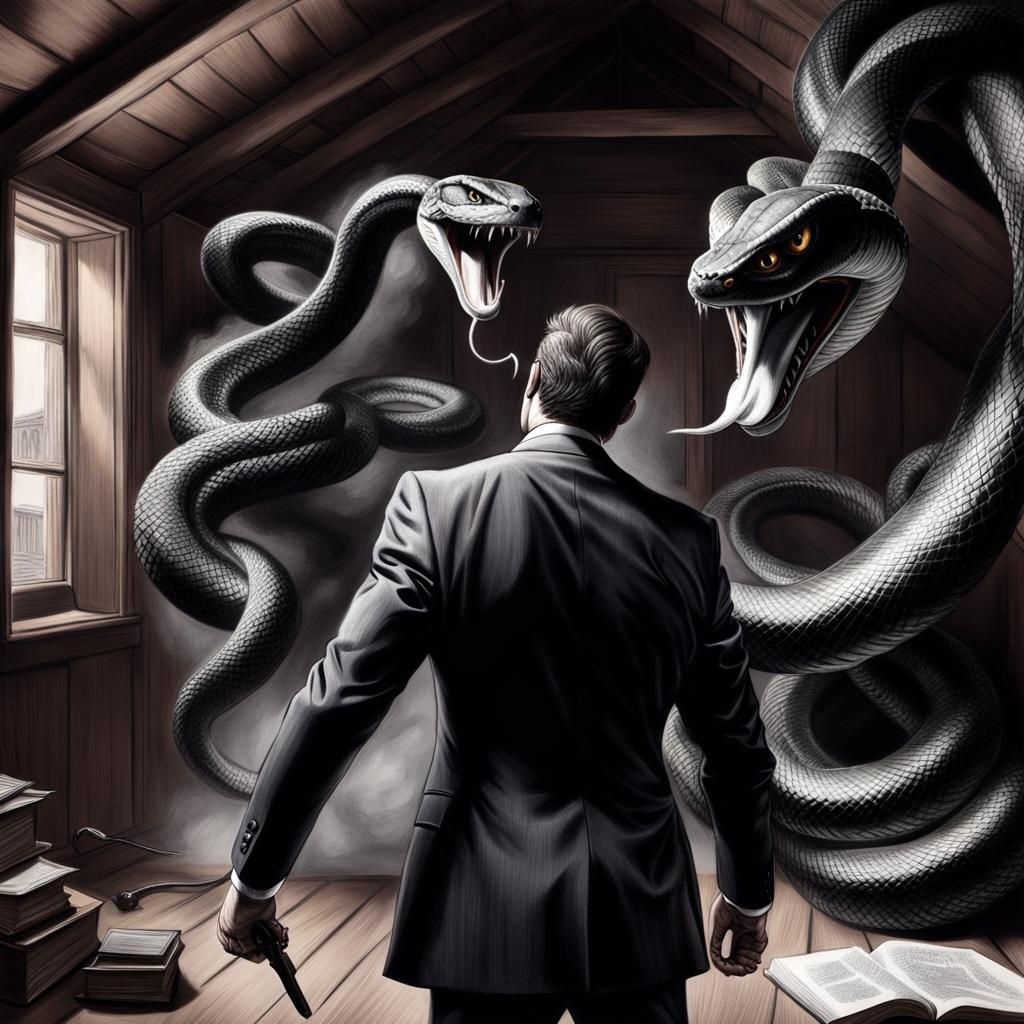 Snake Man Attacks Lawyer: Hyperdetailed Charcoal Drawing