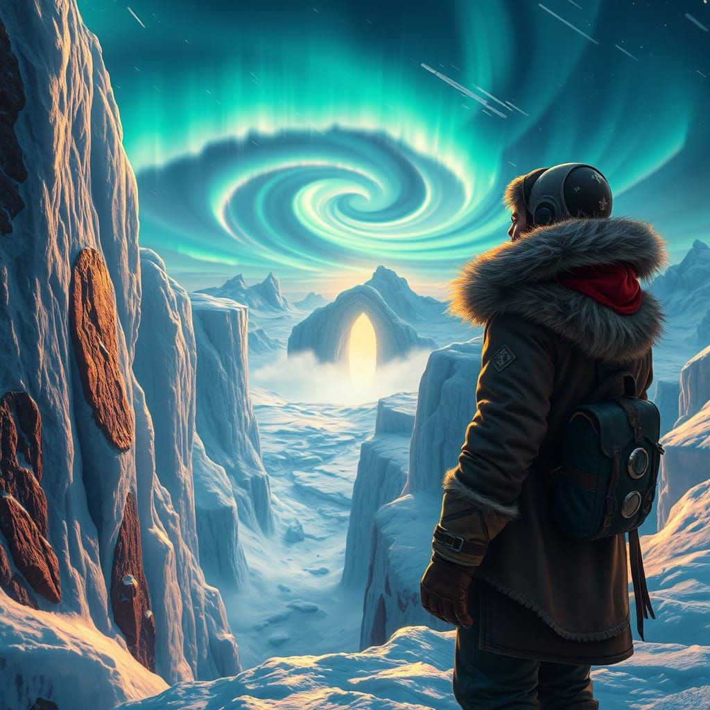 Mystical Explorer Beyond Ancient Ice Wall