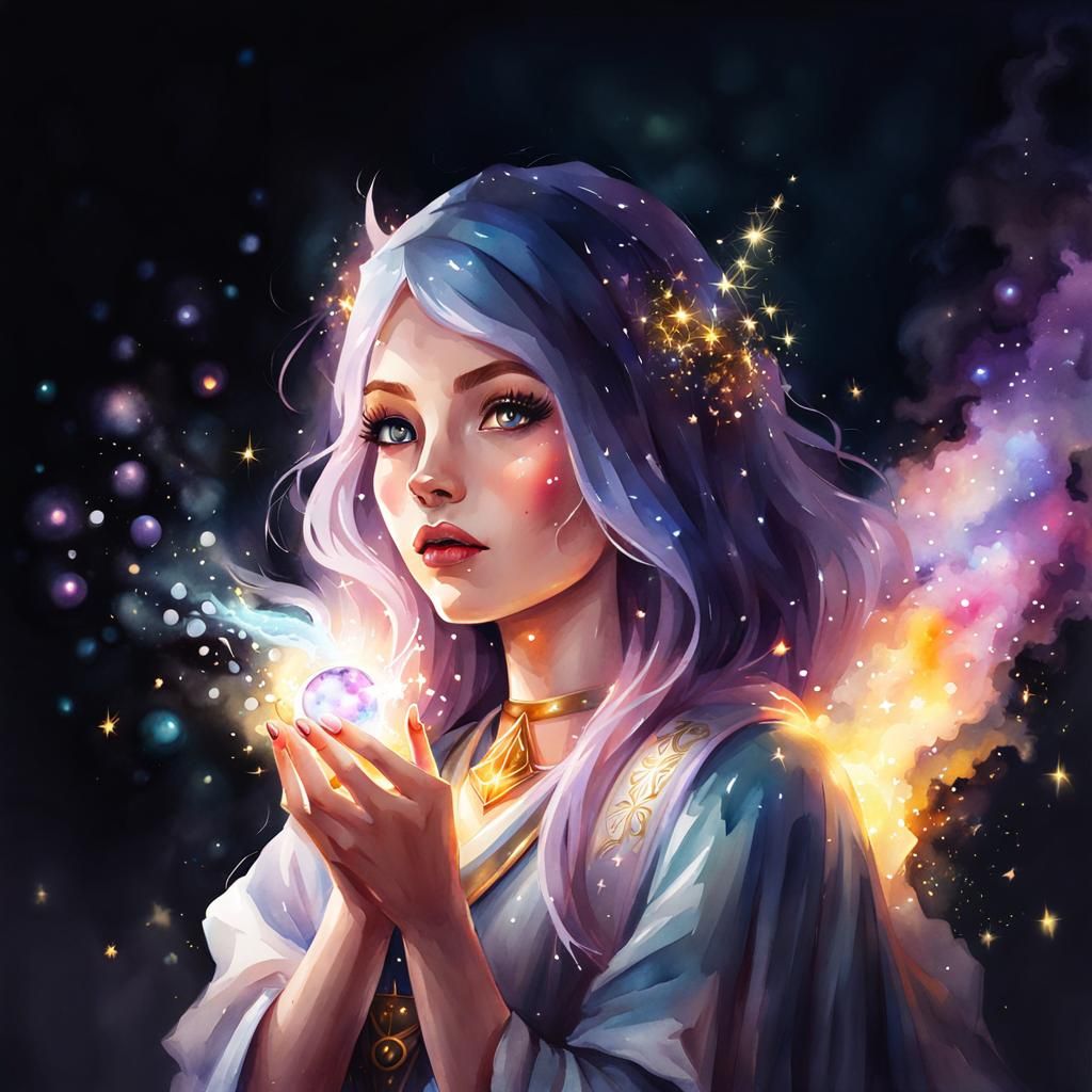 Cute Sorceress Casting Spell in Watercolor