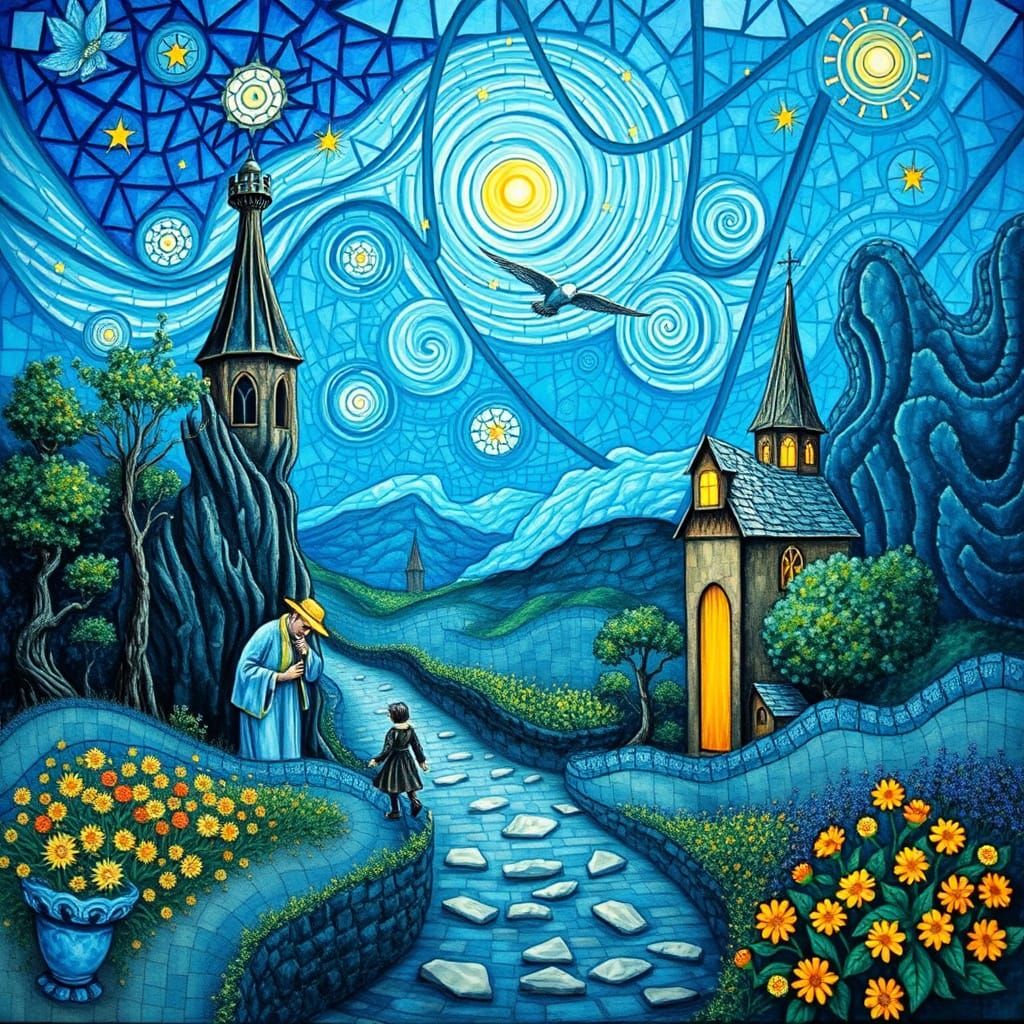 Whimsical Blue Mosaic in Dreamlike Style