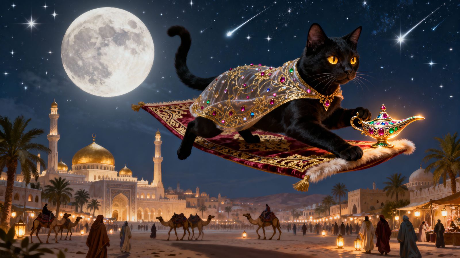 Wise Black Cat Flies With Aladdin's Lamp