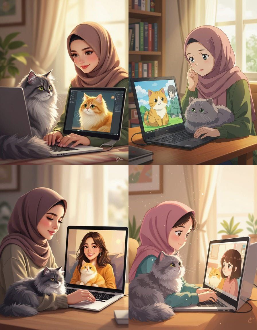 Girl in Hijab With Cat Uses Laptop to See Friend