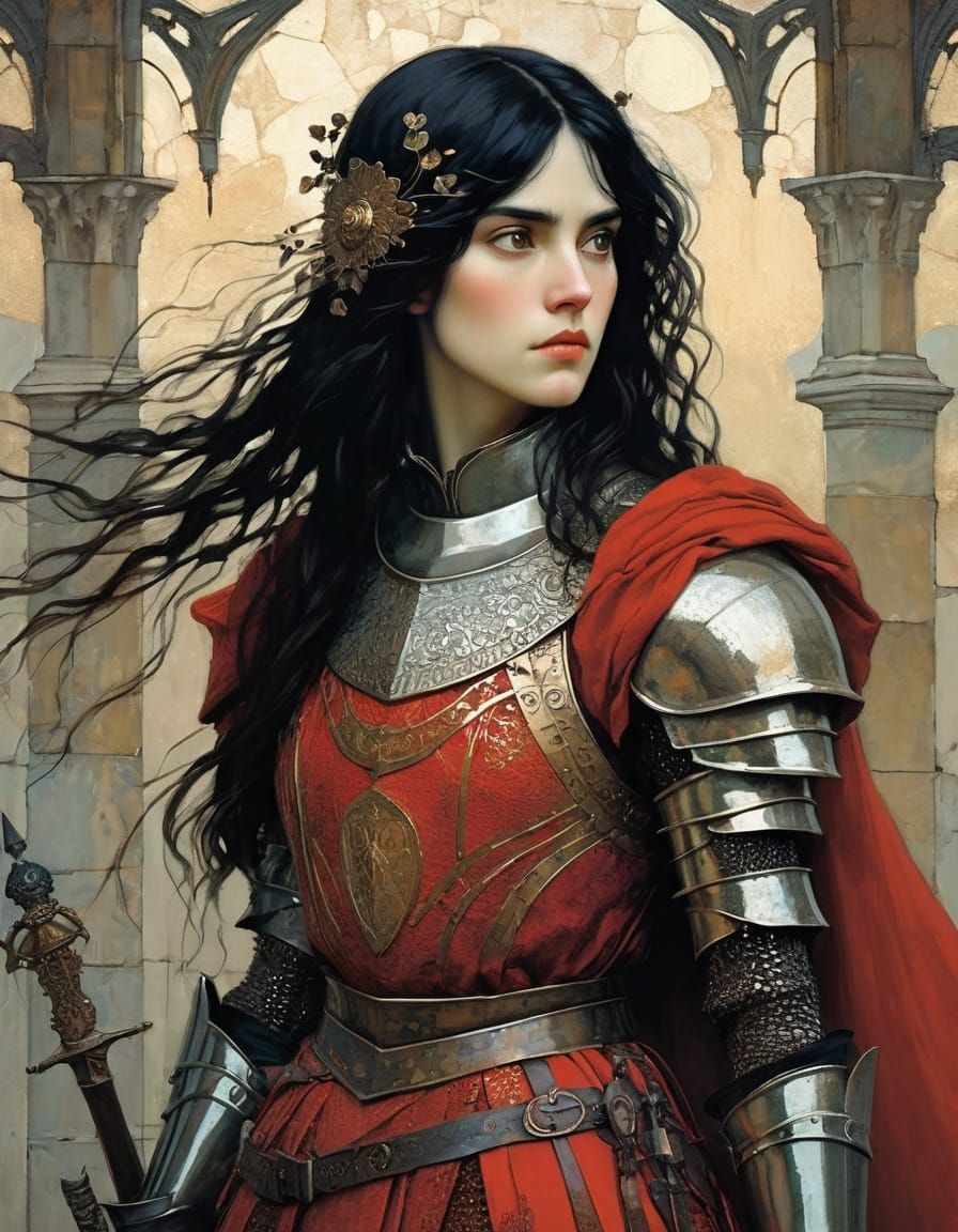 Female Knight in Red Armour, Fine Art Style