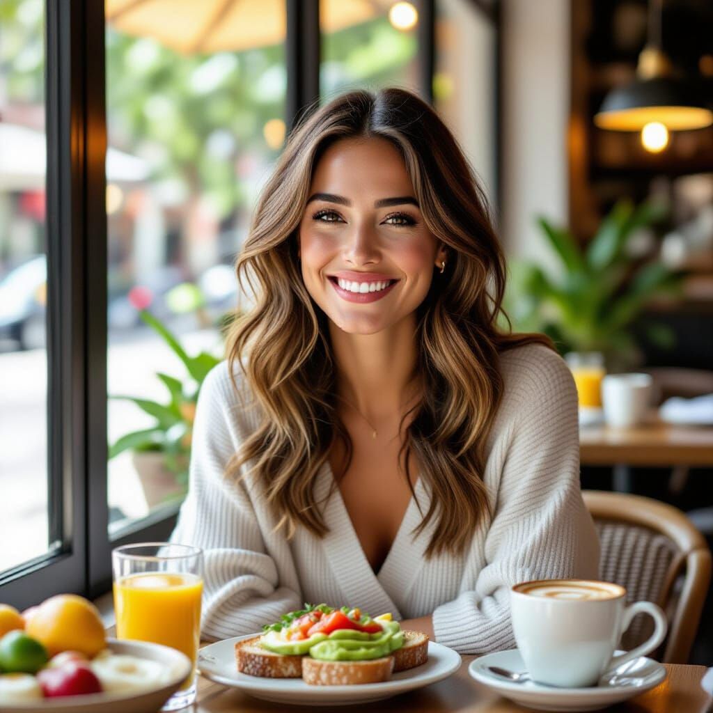 Fashionable Woman Enjoys Brunch in Stylish São Paulo Café