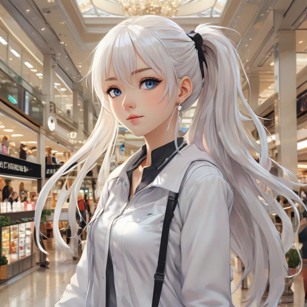 Anime Girl Portrait in Mall: Detailed Manga Style