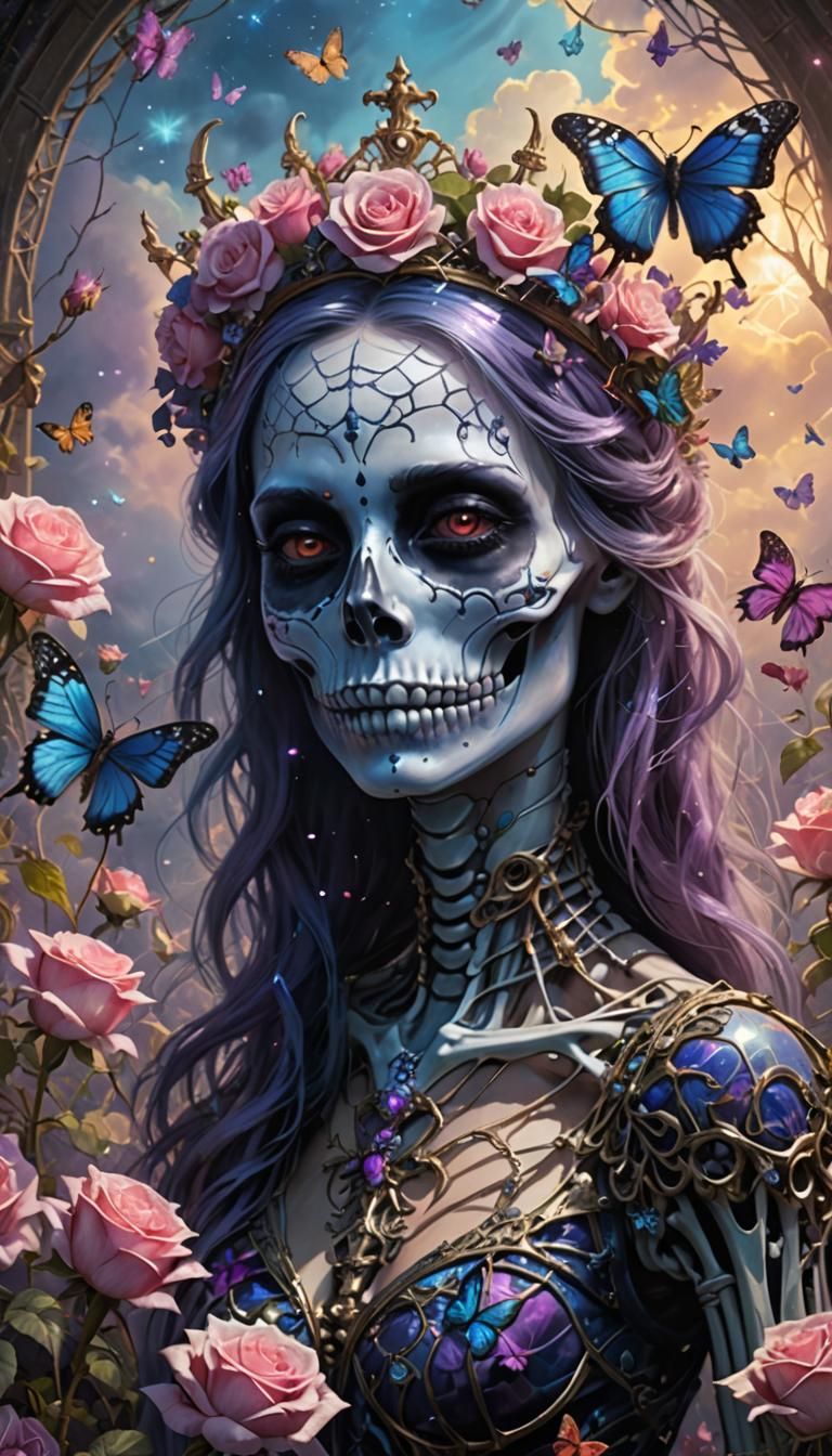 Ethereal Gothic Portrait: Crowned Skeleton with Roses