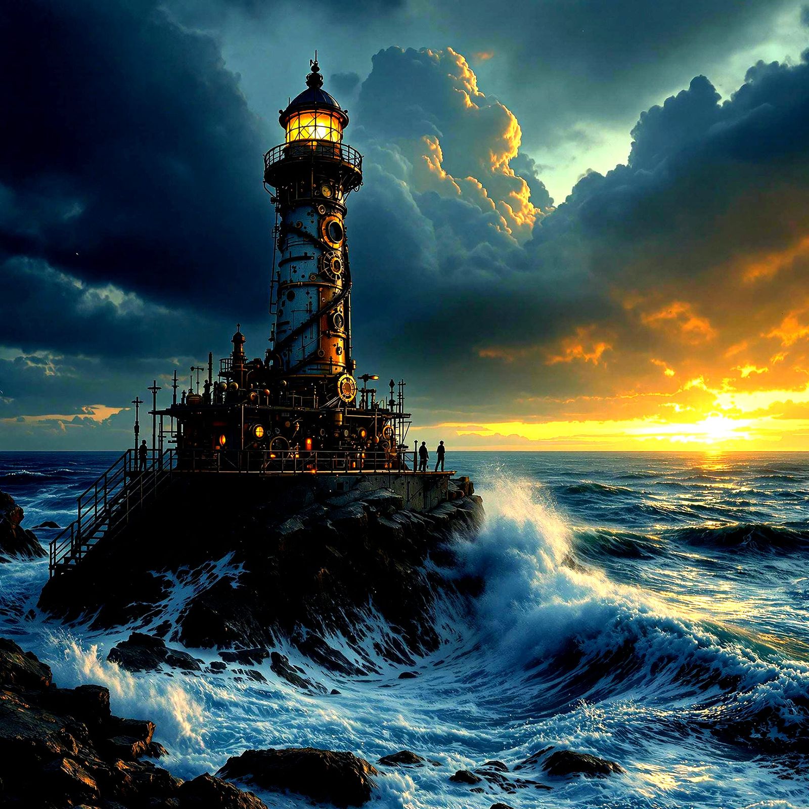 Luminous Steampunk Lighthouse Illuminates Rocky Coastline