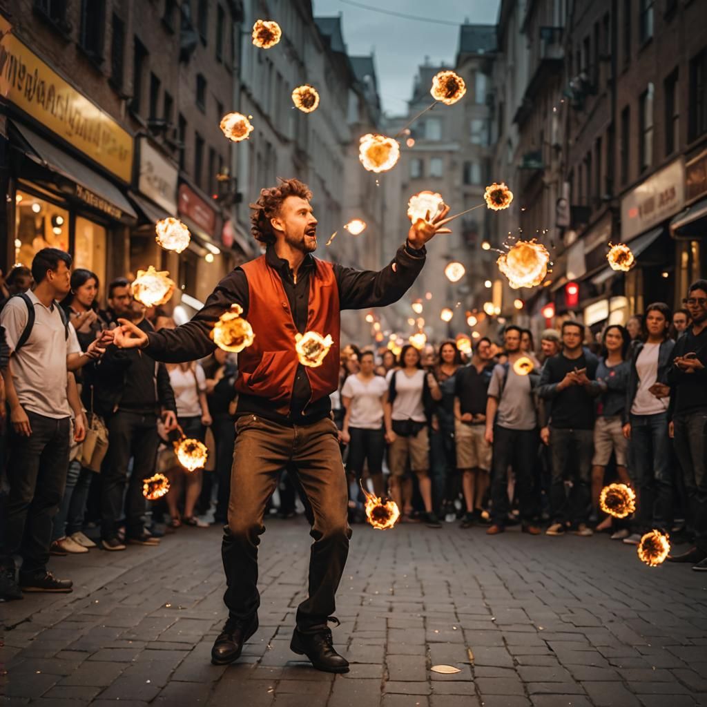 Fireballs in Hand, Street Performer's Skilled Juggling Act i...