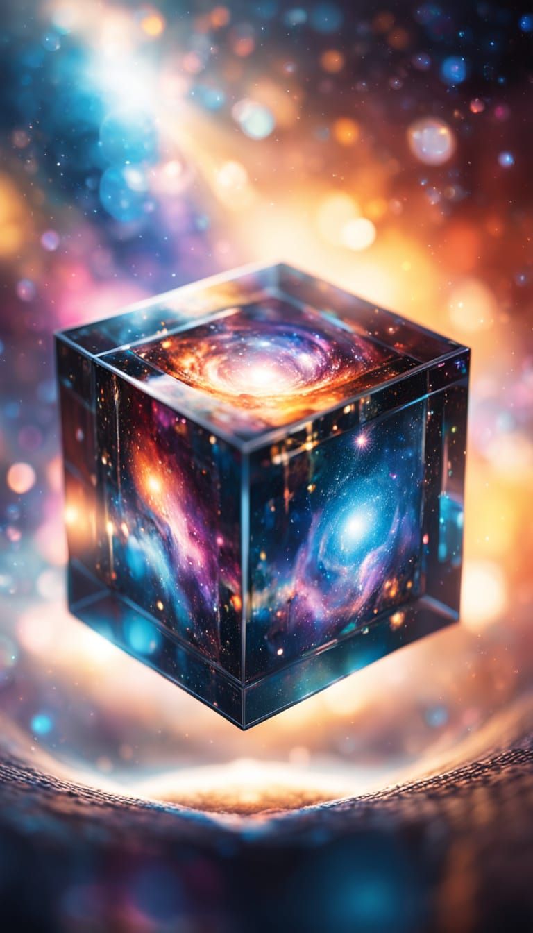 Vibrant Cosmic Scene in a Glass Cube