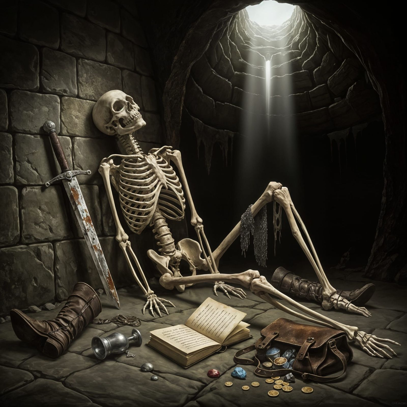 Caravaggio Chiaroscuro Painting of Doomed Adventurer Skeleto...