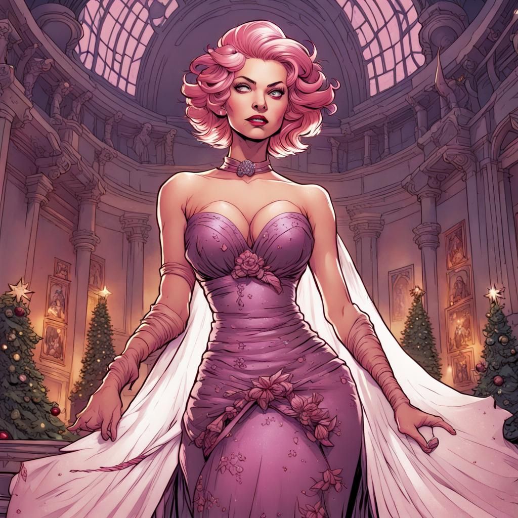 Pink Haired Queen in Christmas Gown, Comic Book Art