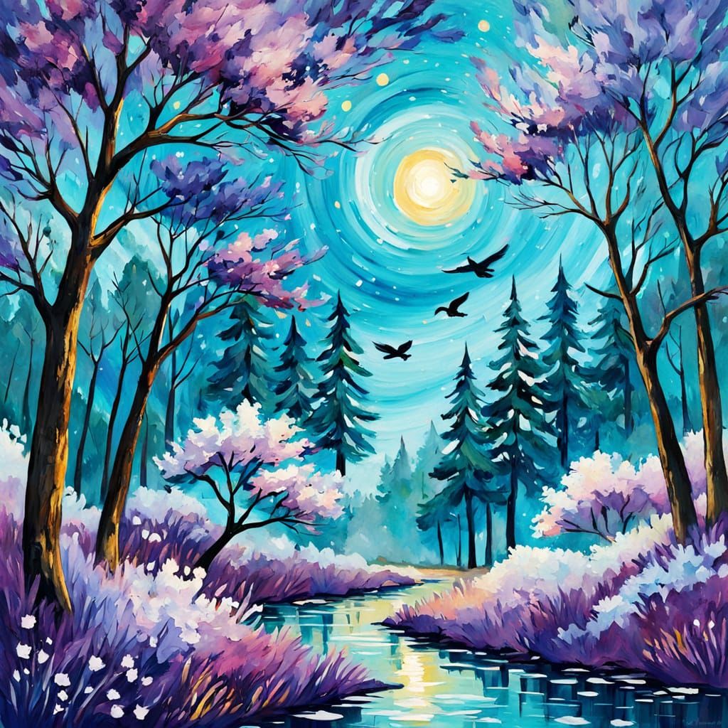 Whimsical Bird Soaring Past Teal Trees as Gouache Painting