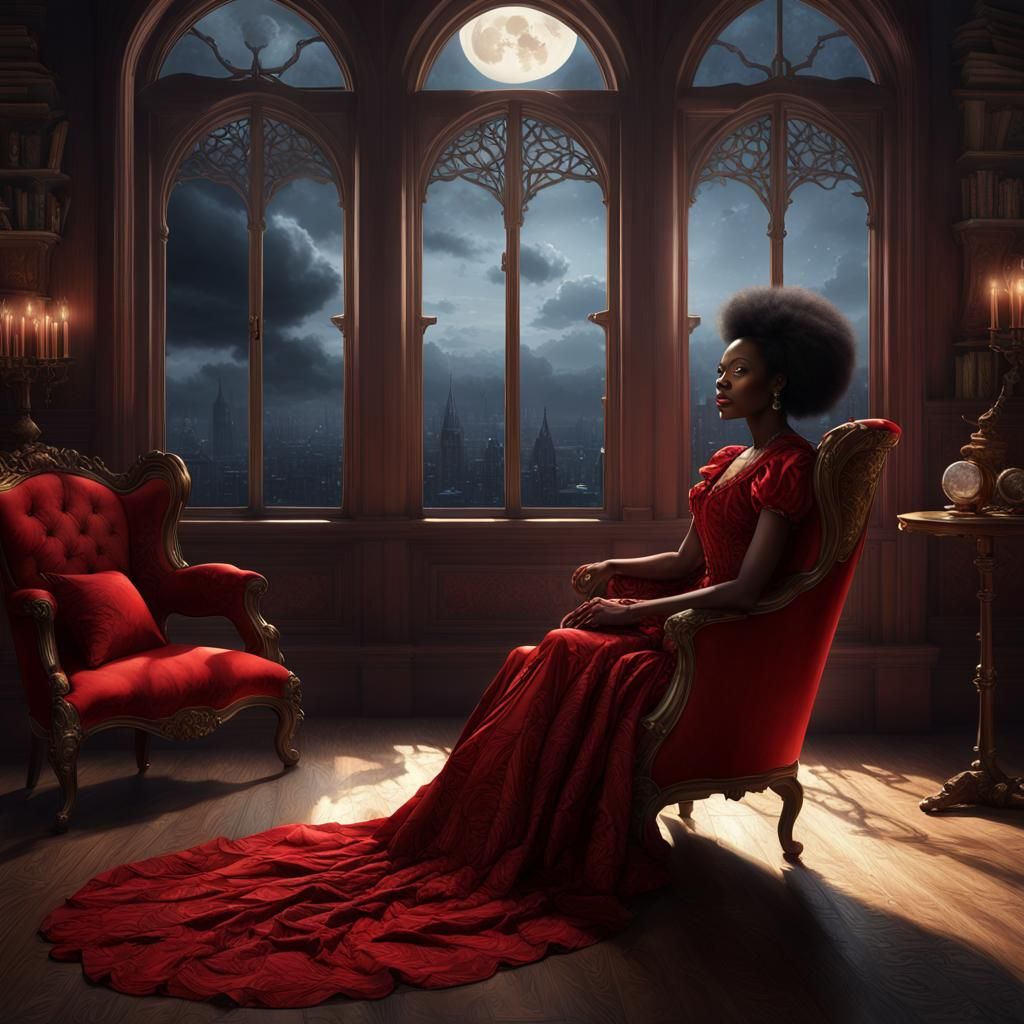 Victorian Woman in Red Chair, Detailed Matte Painting