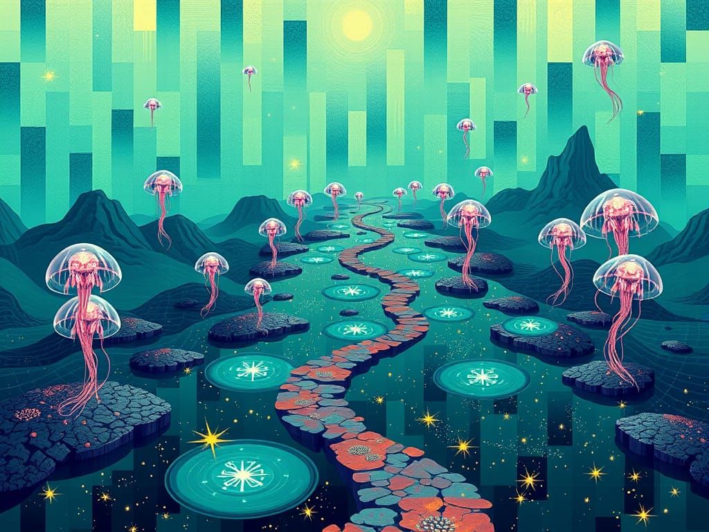 Ethereal Cityscape of Infinite Roadmap and Celestial Jellyfi...